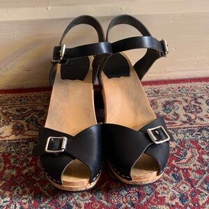 Swedish Hasbeens Black Leather Peep Toe Sandals with Buckle